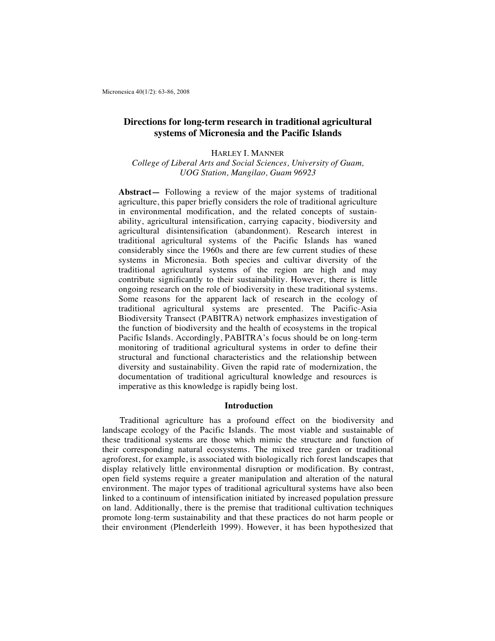 Directions for Long-Term Research in Traditional Agricultural Systems of Micronesia and the Pacific Islands