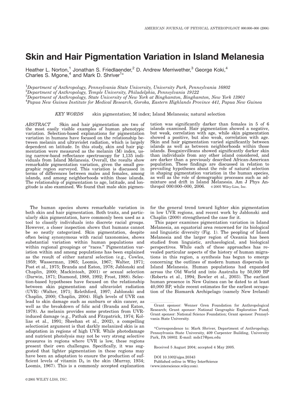 Skin and Hair Pigmentation Variation in Island Melanesia