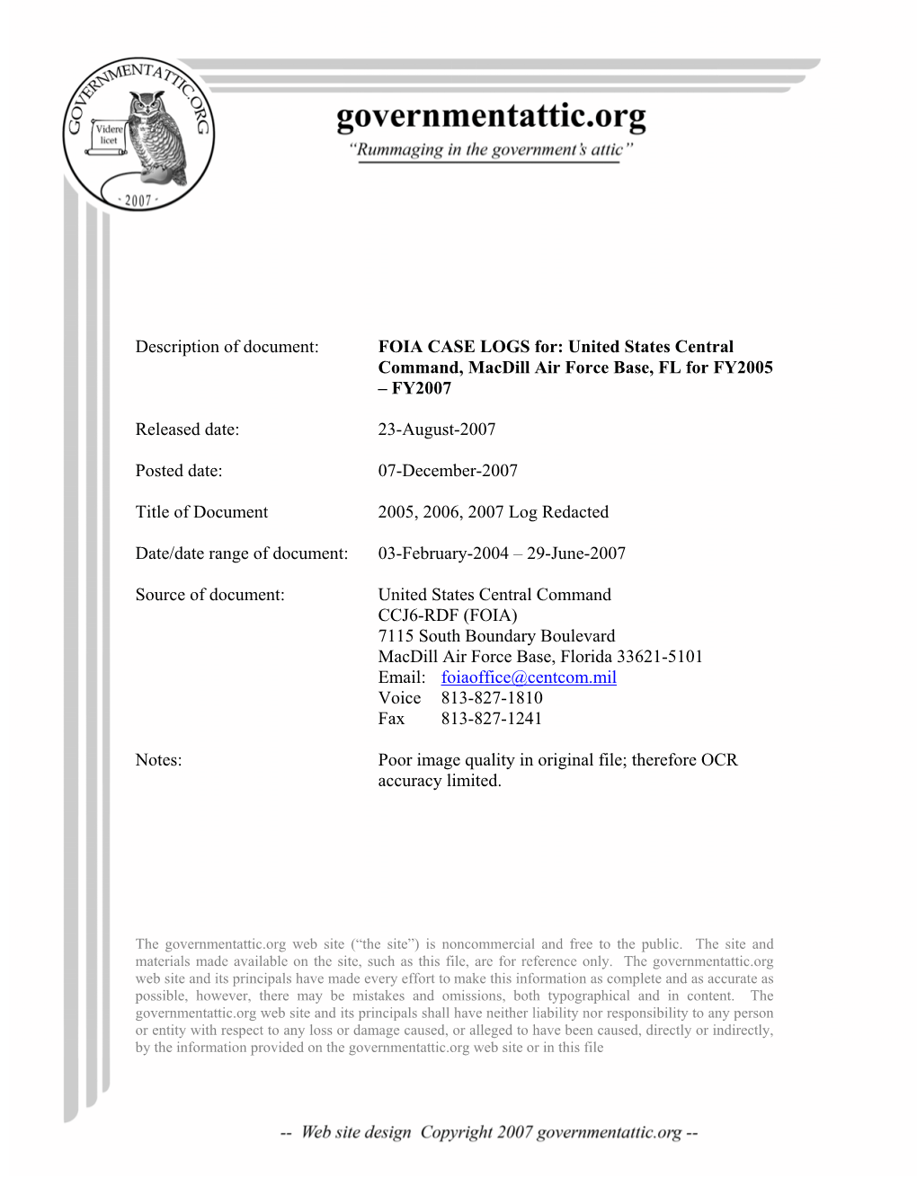 US Central Command for FY2005 – FY2007