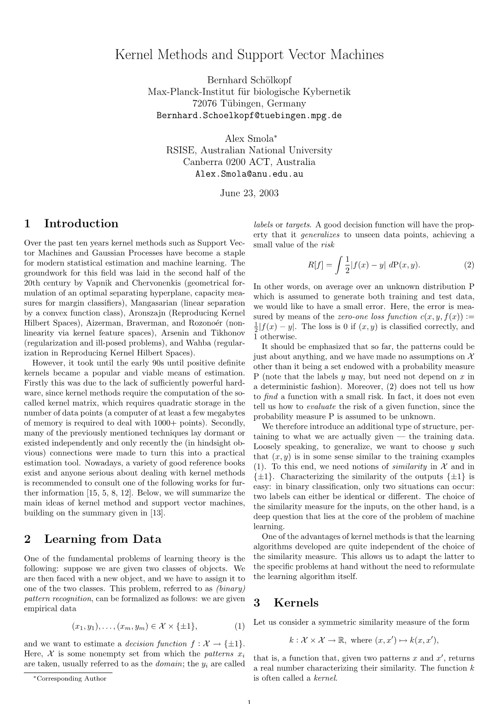 Kernel Methods and Support Vector Machines