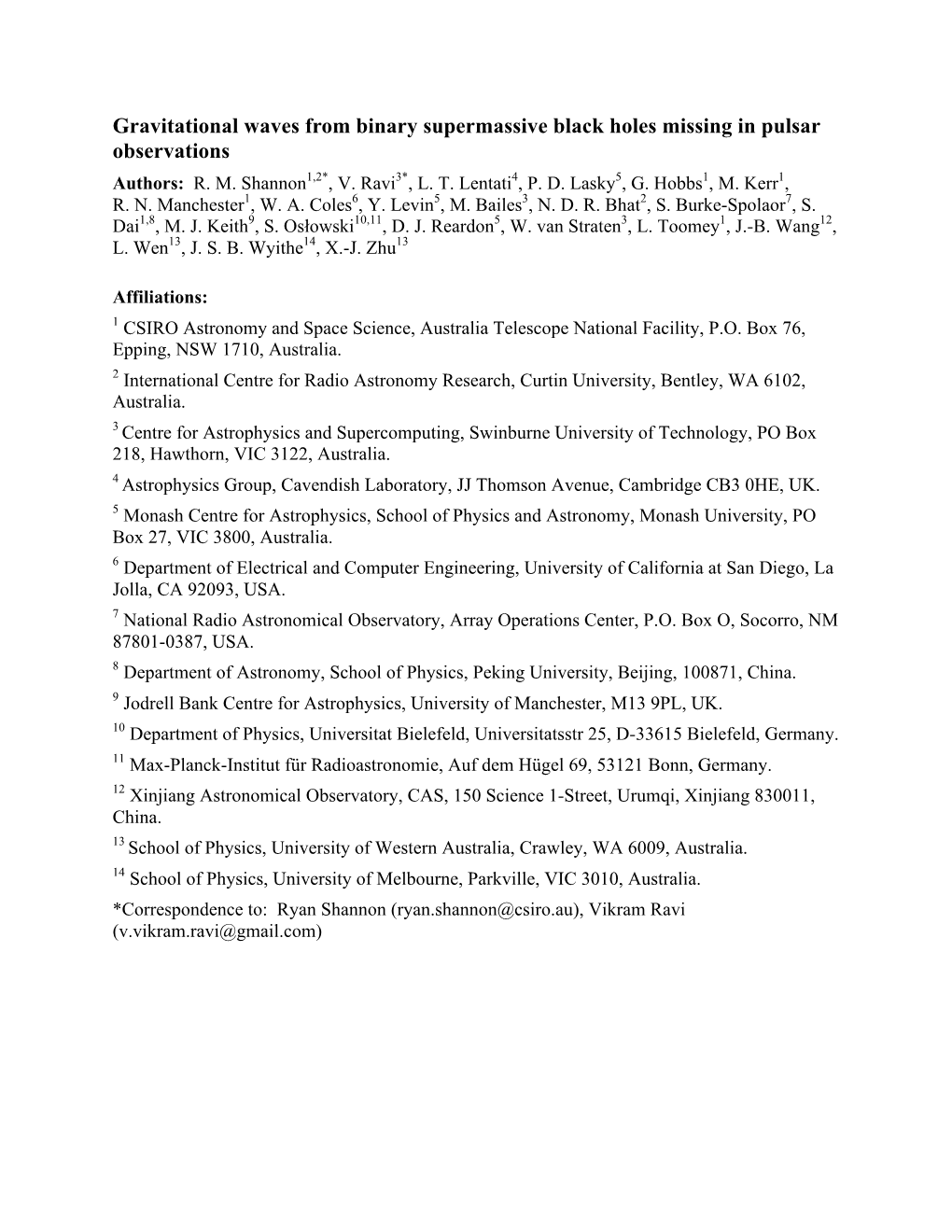 Gravitational Waves from Binary Supermassive Black Holes Missing in Pulsar Observations Authors: R