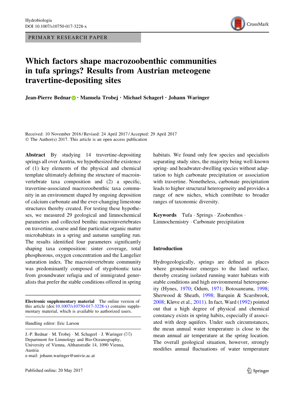 Which Factors Shape Macrozoobenthic Communities in Tufa Springs? Results from Austrian Meteogene Travertine-Depositing Sites