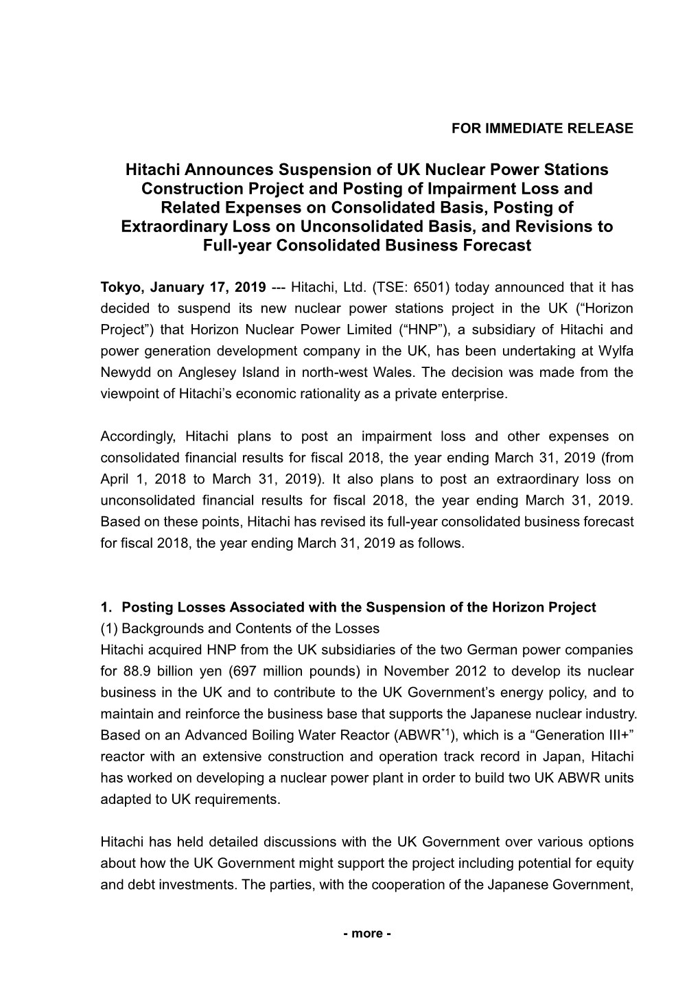 Hitachi Announces Suspension of UK Nuclear Power Stations Construction Project and Posting of Impairment Loss and Related Expens