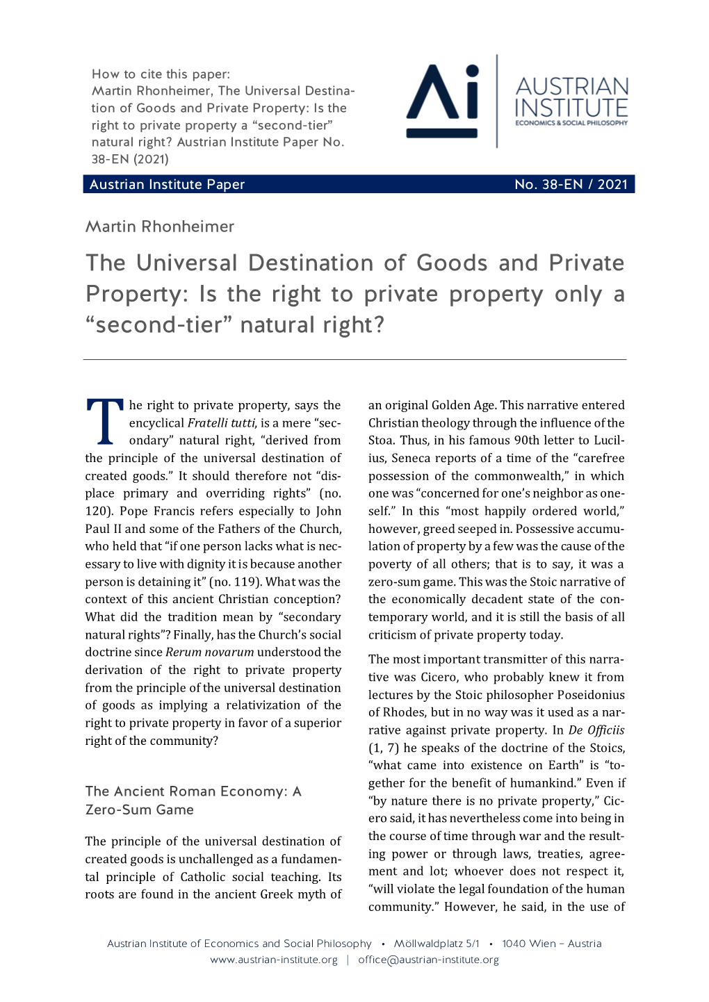 The Universal Destination of Goods and Private Property: Is the Right to Private Property Only a “Second-Tier” Natural Right?