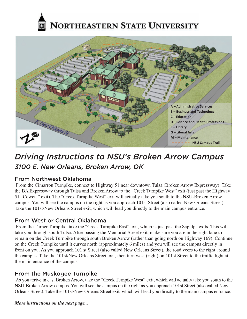 Driving Instructions to NSU's Broken Arrow Campus