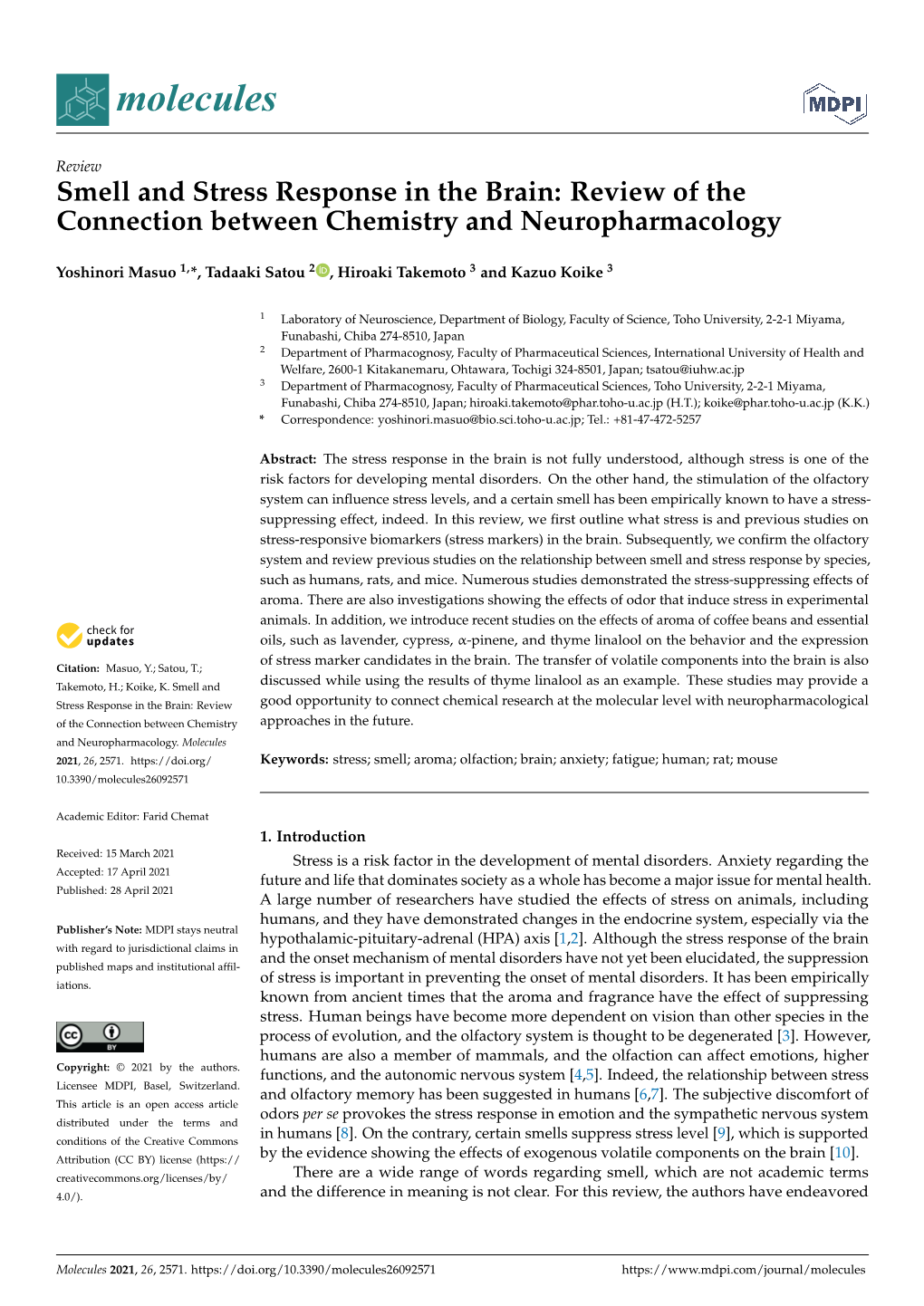 Smell and Stress Response in the Brain: Review of the Connection Between Chemistry and Neuropharmacology