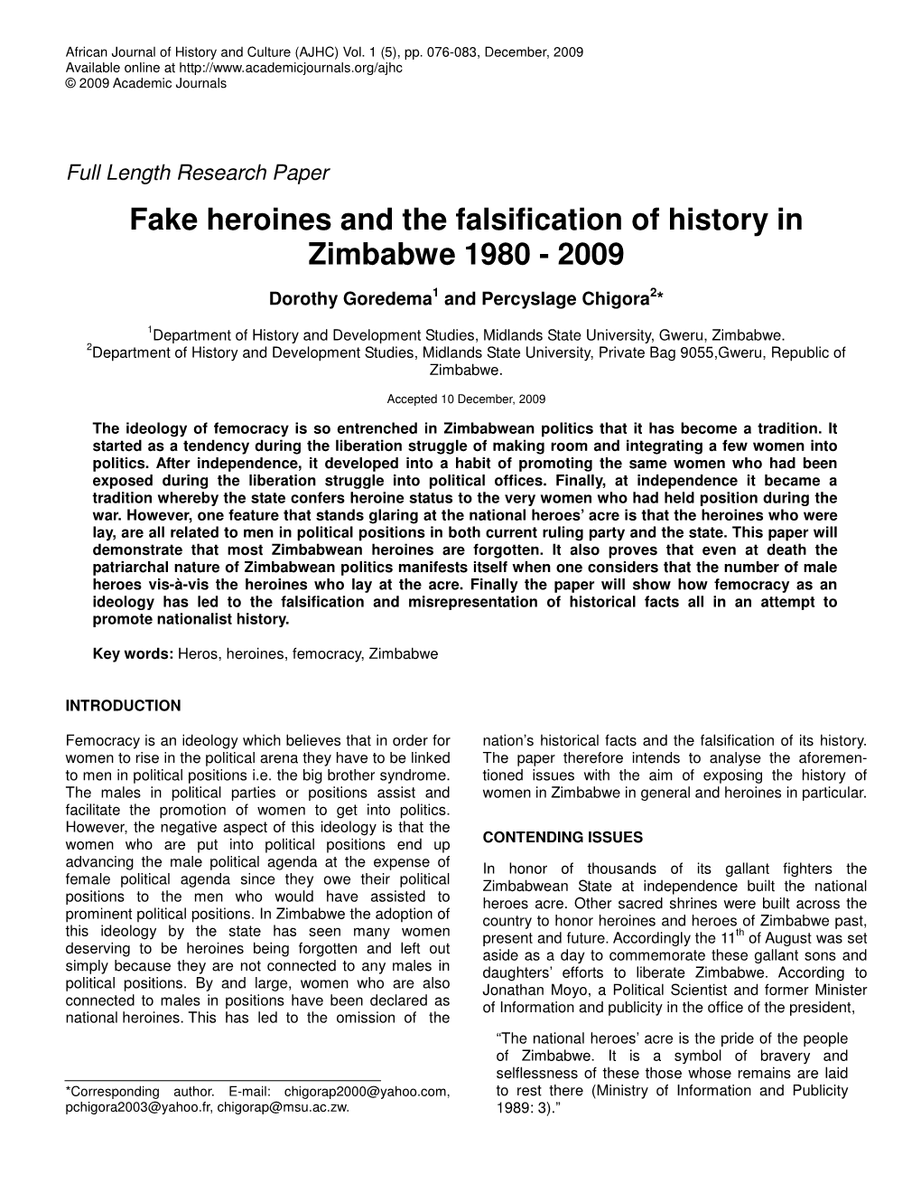 Fake Heroines and the Falsification of History in Zimbabwe 1980 - 2009