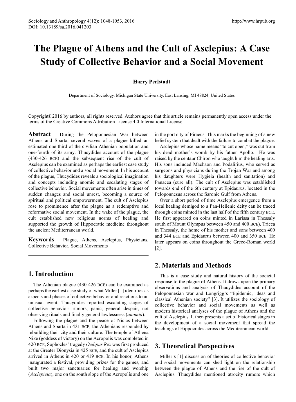 The Plague of Athens and the Cult of Asclepius: a Case Study of Collective Behavior and a Social Movement