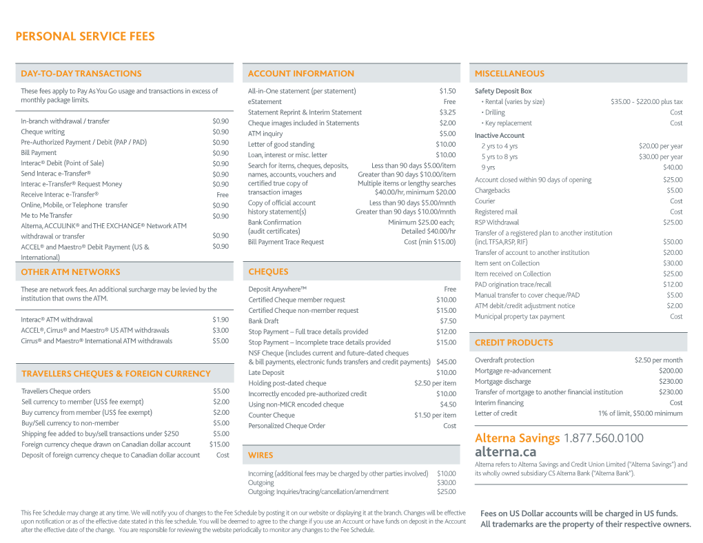 Personal Service Fee Listing (PDF)