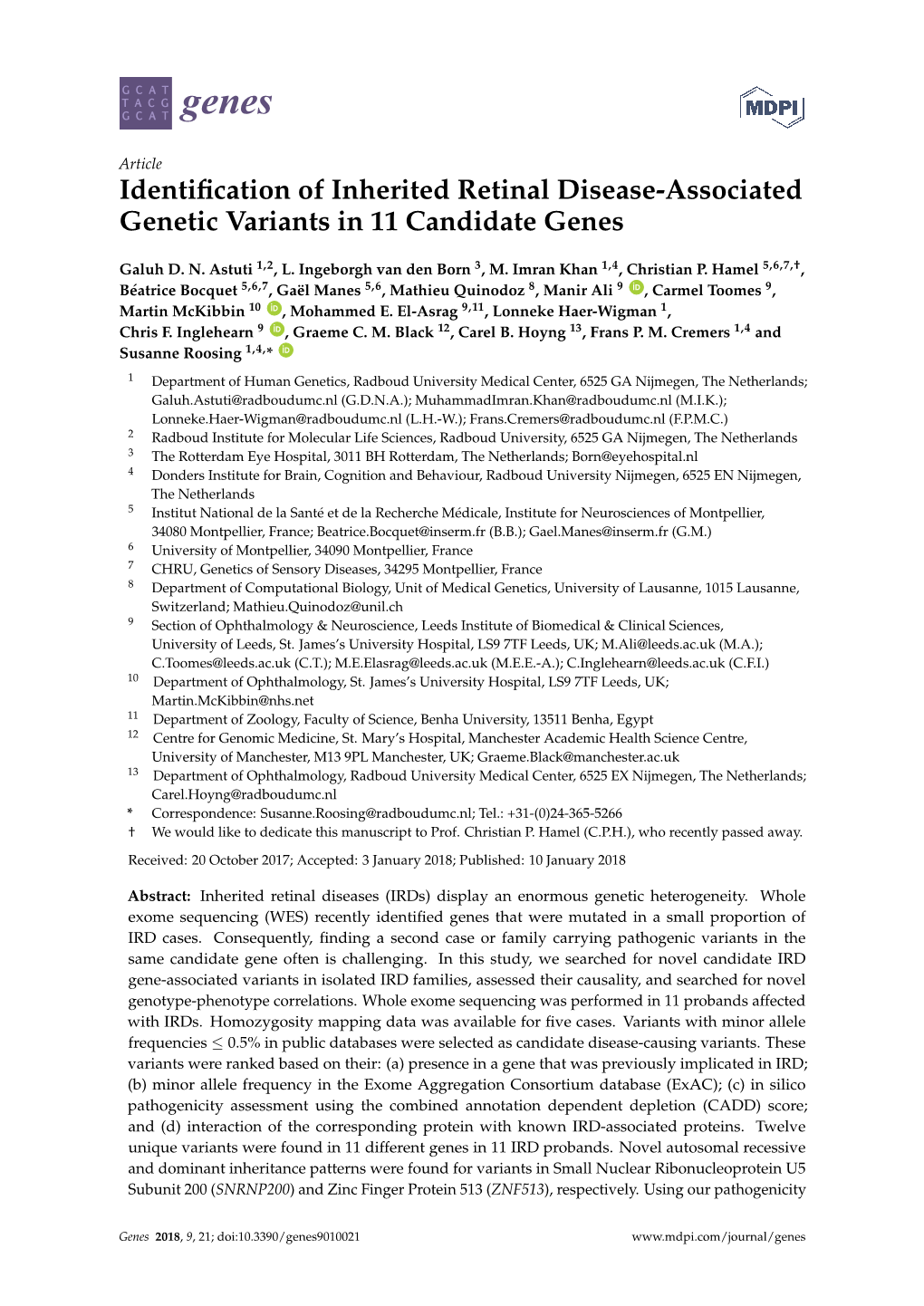 Identification of Inherited Retinal Disease-Associated Genetic Variants in 11 Candidate Genes