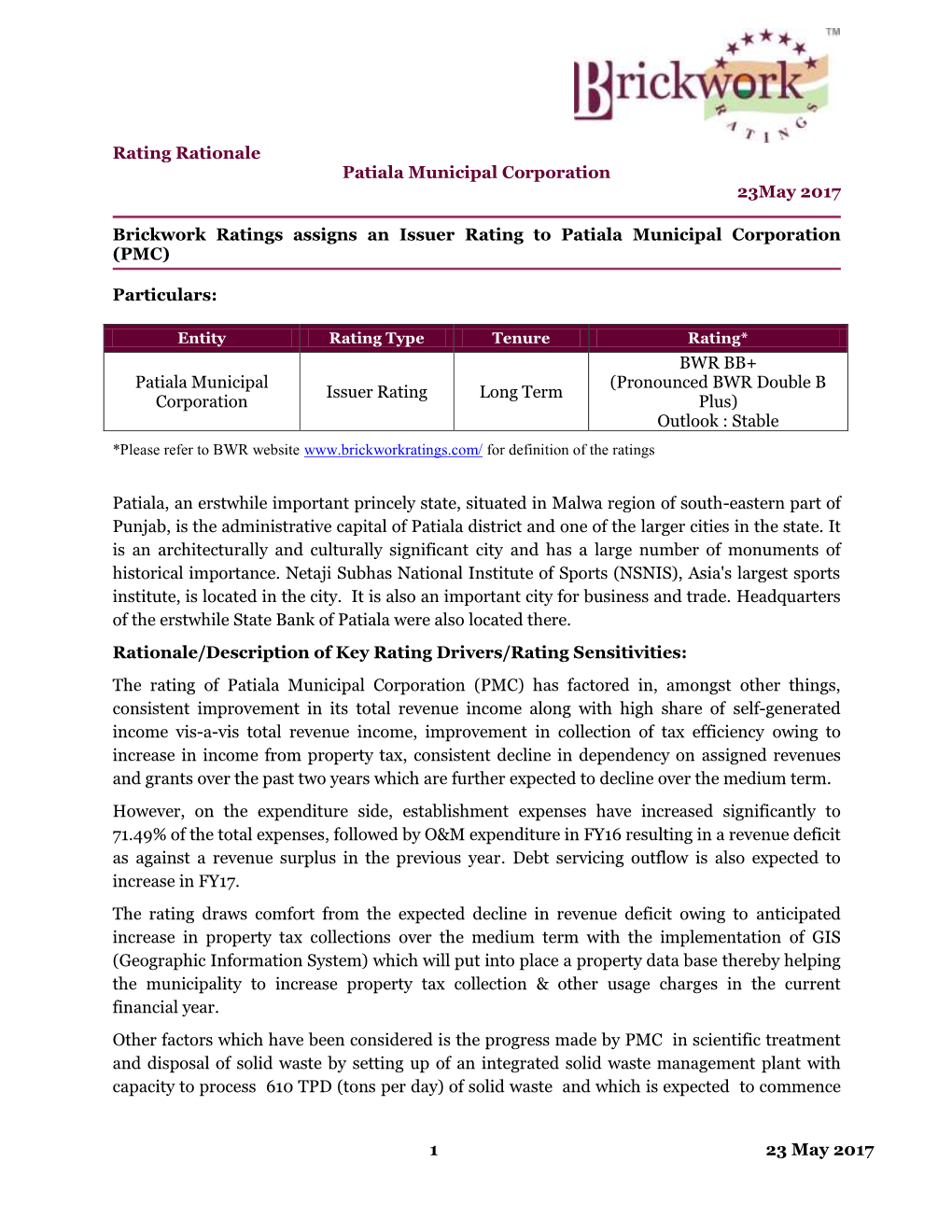 Rating Rationale for JKCL