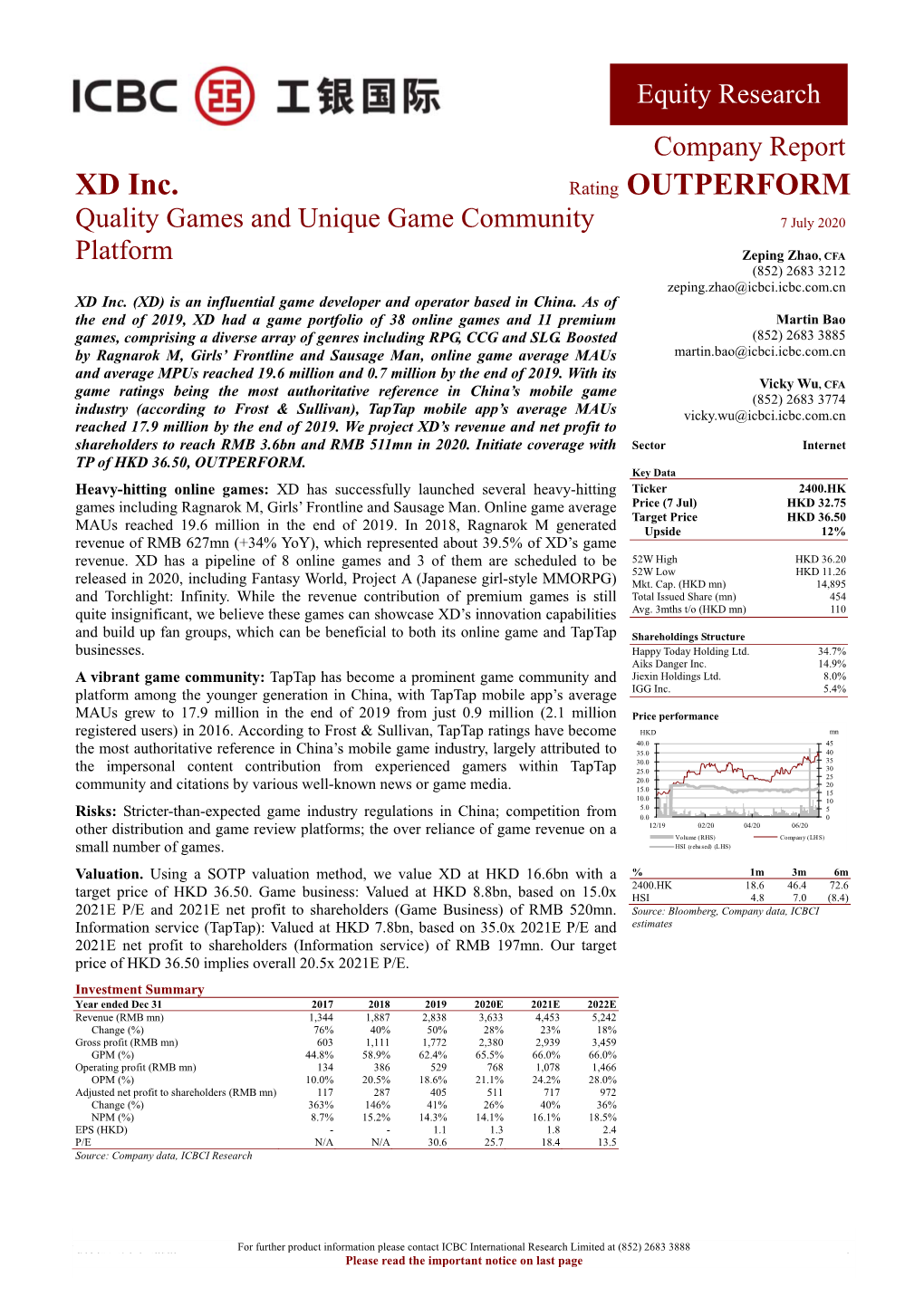 XD Inc. Rating OUTPERFORM Quality Games and Unique Game Community 7 July 2020