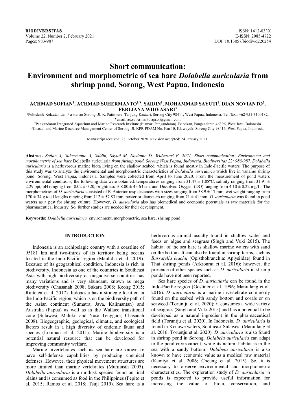 Environment and Morphometric of Sea Hare Dolabella Auricularia from Shrimp Pond, Sorong, West Papua, Indonesia