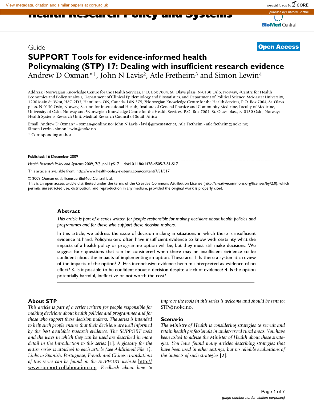 Health Research Policy and Systems Provided by Pubmed Central Biomed Central