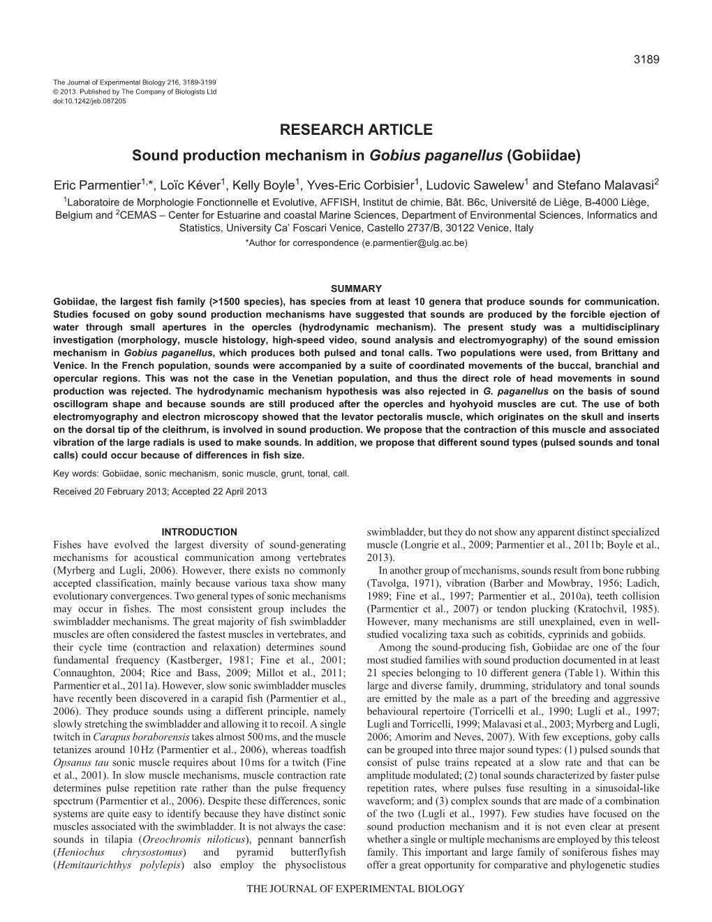 RESEARCH ARTICLE Sound Production Mechanism in Gobius Paganellus (Gobiidae)