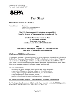 Fact Sheet for the NPDES Permit for the JBLM Solo Point WWTP