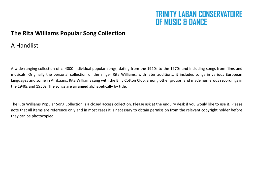 The Rita Williams Popular Song Collection a Handlist