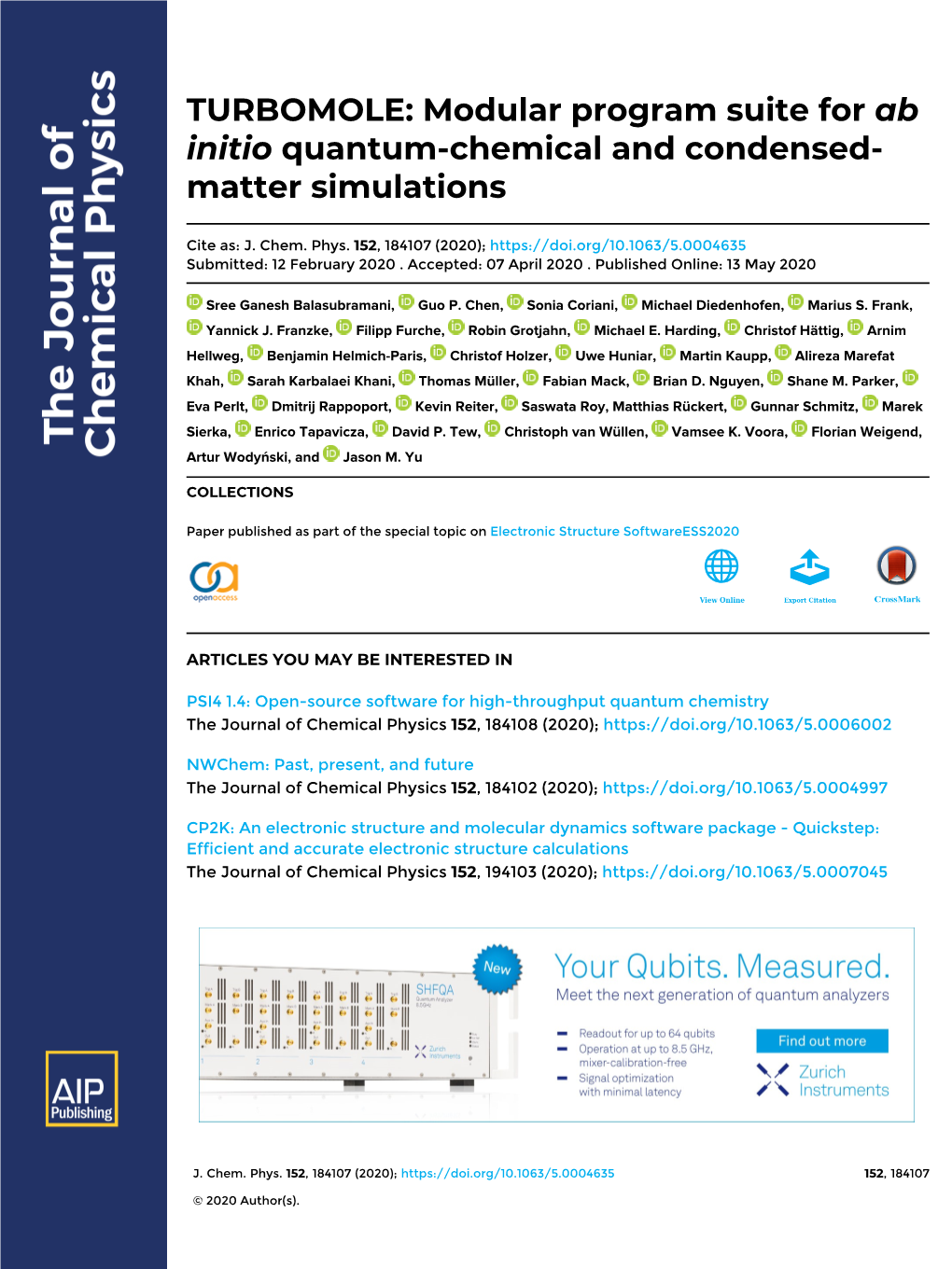 TURBOMOLE: Modular Program Suite for Ab Initio Quantum-Chemical and Condensed- Matter Simulations
