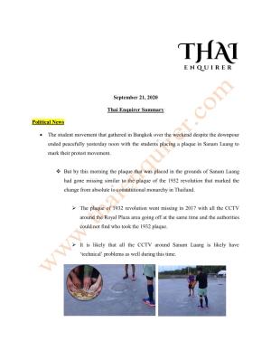 September 21, 2020 Thai Enquirer Summary Political News • The