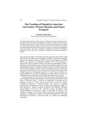 The Teaching of Punjabi in American Universities: Present Situation and Future Prospects