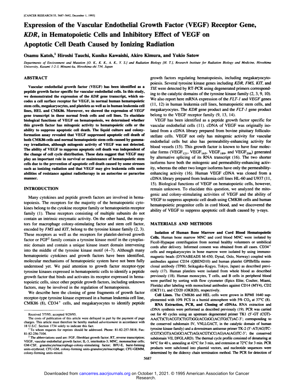 (VEGF) Receptor Gene, KDR, in Hematopoietic Cells and Inhibitory Effect of VEGF on Apoptotic Cell Death Caused by Ionizing Radiation