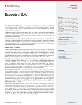 Ecopetrol S.A. Ratings Last Rating Rating Type Rating Outlook Action Long-Term BBB Negative Affirmed Foreign Dec