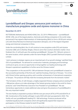 Lyondellbasell and Sinopec Announce Joint Venture to Manufacture Propylene Oxide and Styrene Monomer in China | Lyondellbasell