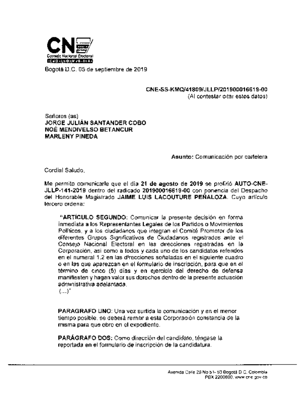 Comunicación Por Cartelera CNE-SS