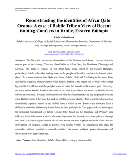 Reconstructing the Identities of Afran Qalo Oromo: a Case of Babile Tribe a View of Recent Raiding Conflicts in Babile, Eastern Ethiopia