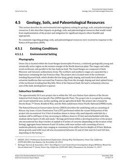 4.5 Geology, Soils, and Paleontological Resources This Section Describes the Environmental and Regulatory Setting for Geology, Soils, and Paleontological Resources