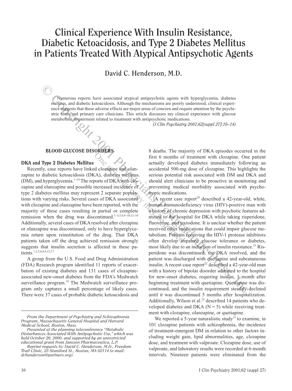 Clinical Experience with Insulin Resistance, Diabetic Ketoacidosis, and Type 2 Diabetes Mellitus in Patients Treated with Atypical Antipsychotic Agents