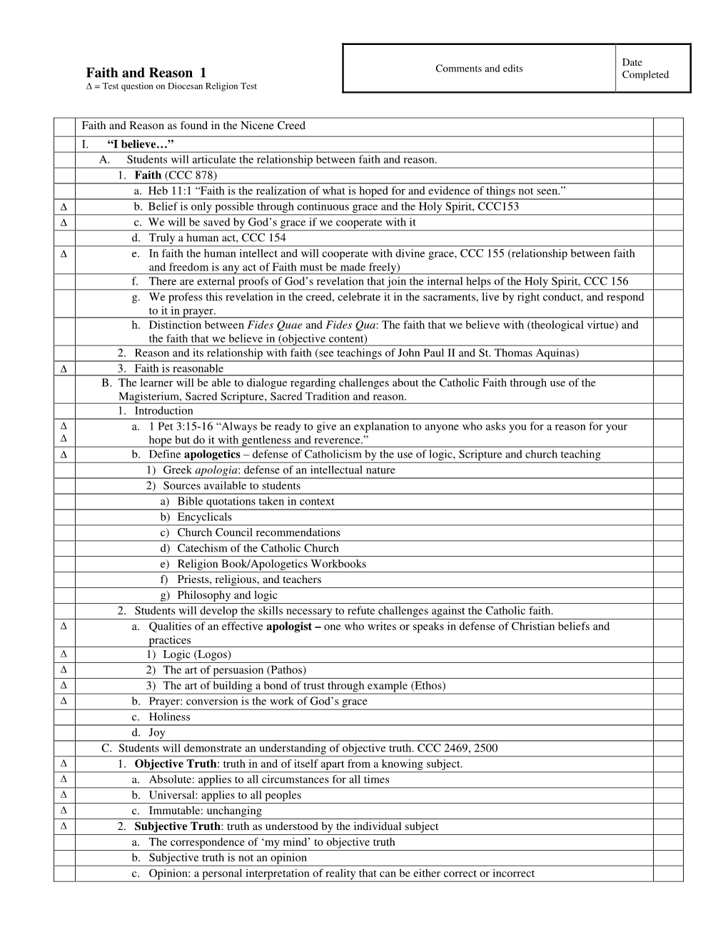 Faith and Reason 1 Completed � = Test Question on Diocesan Religion Test