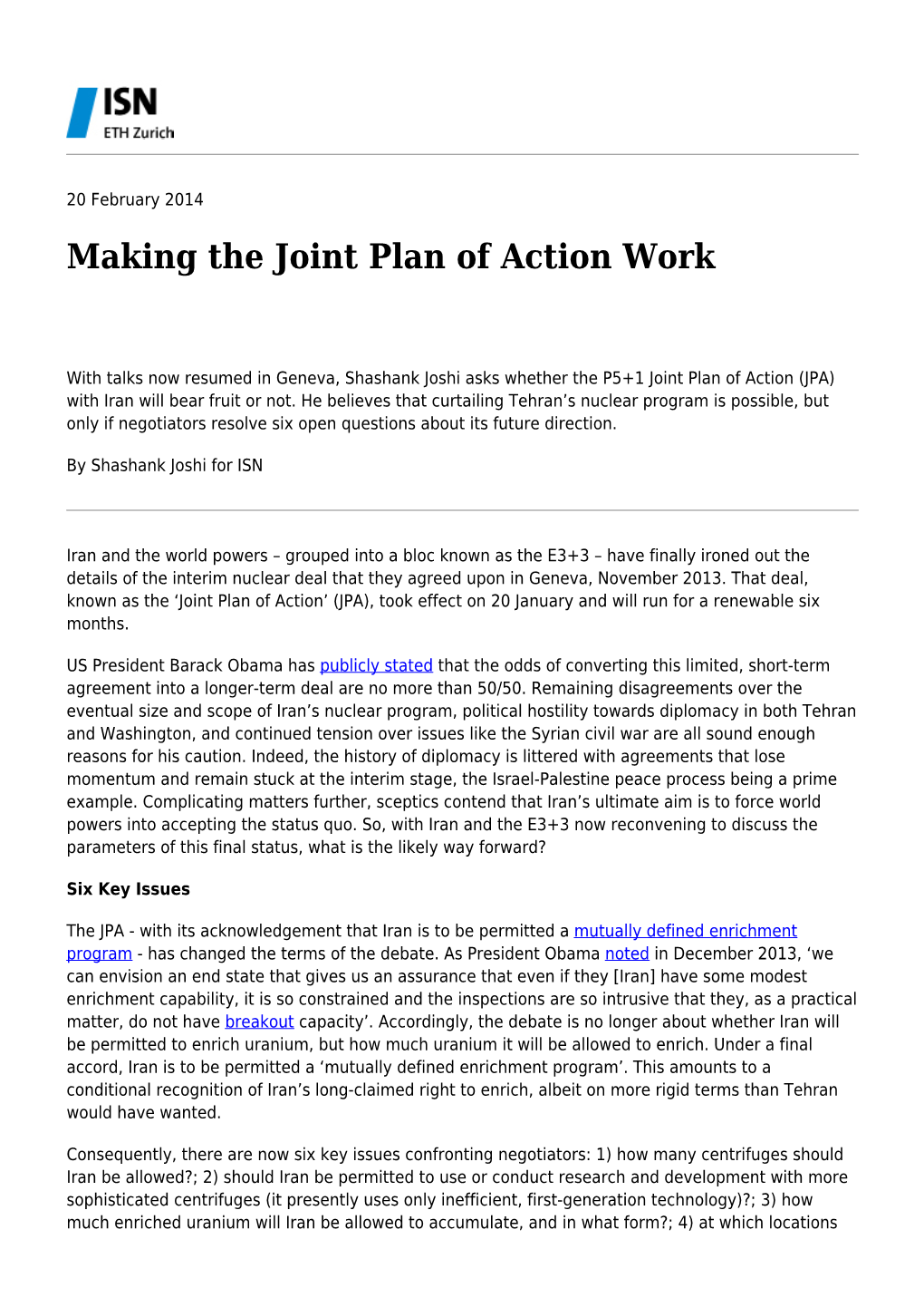 Making the Joint Plan of Action Work