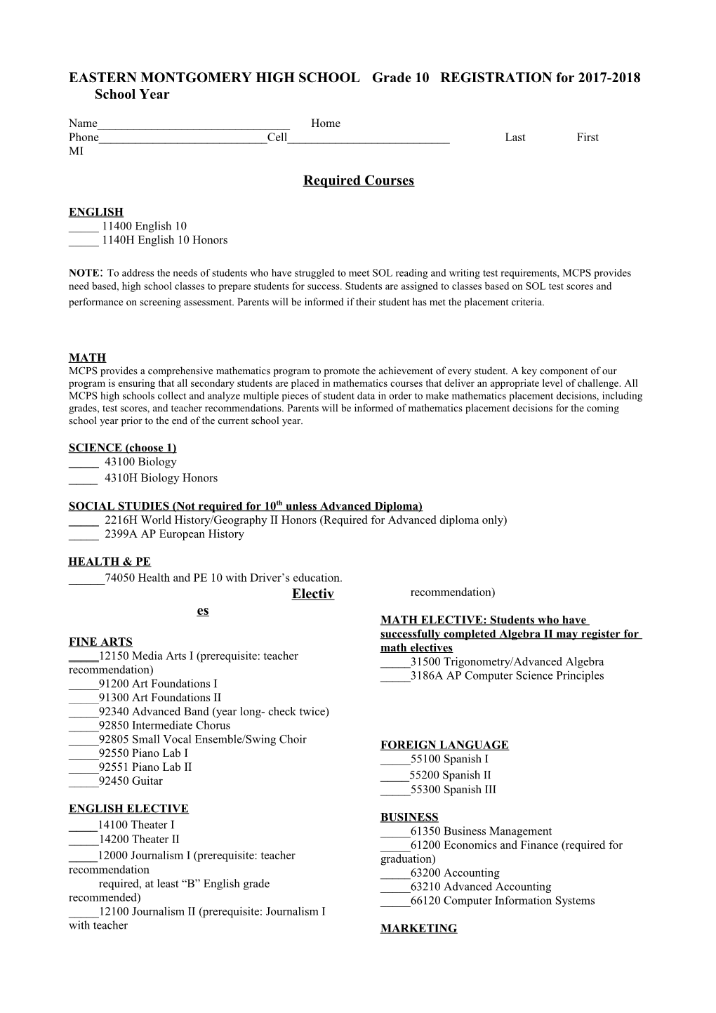 EASTERN MONTGOMERY HIGH SCHOOL Grade 10 REGISTRATION for 2017-2018 School Year