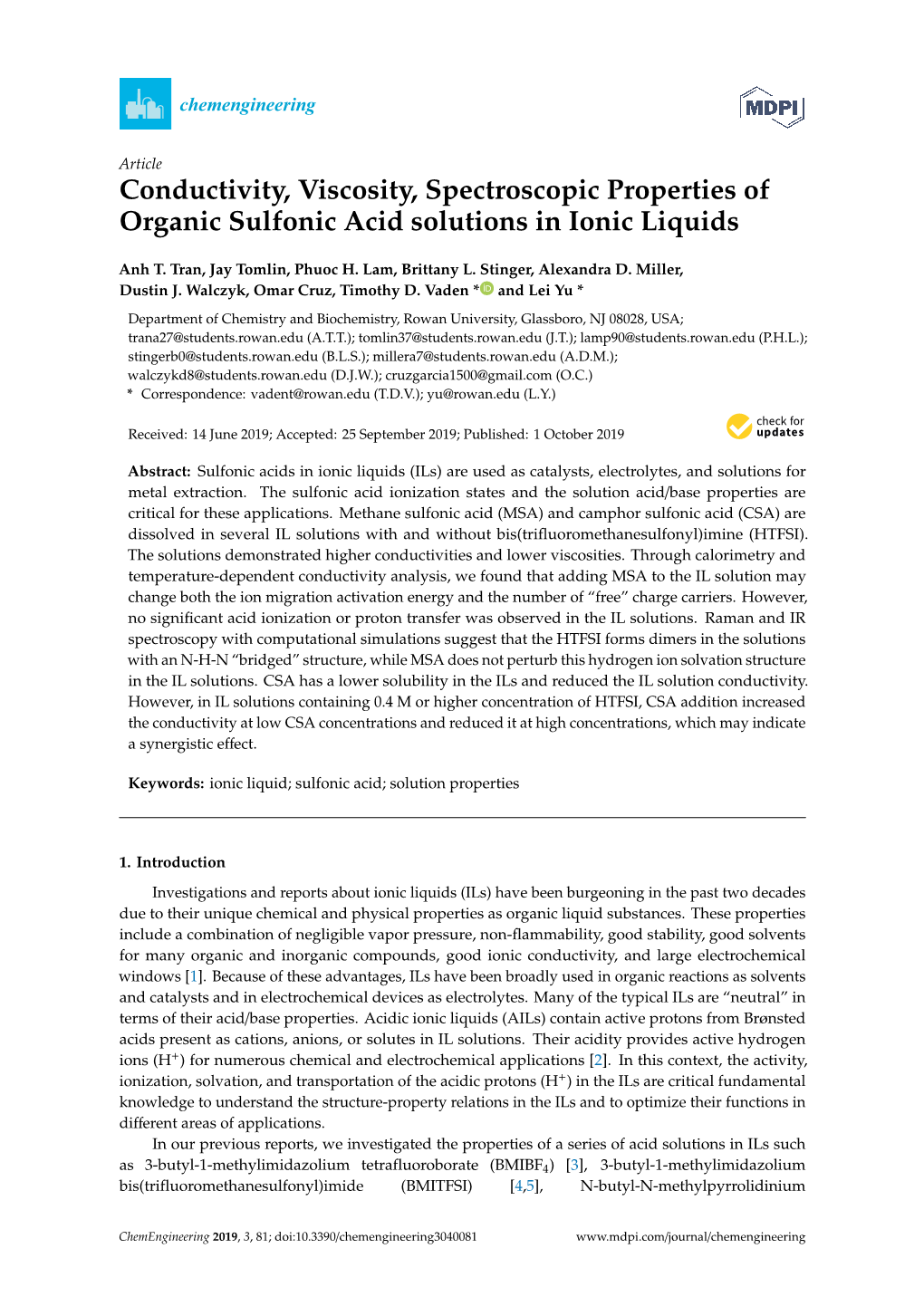 Conductivity, Viscosity, Spectroscopic Properties of Organic Sulfonic Acid Solutions in Ionic Liquids