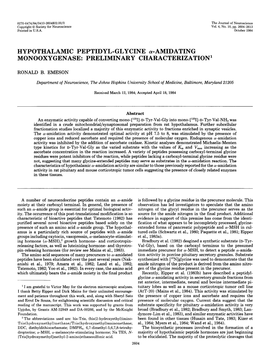 HYPOTHALAMIC PEPTIDYL-GLYCINE Ar-AMIDATING MONOOXYGENASE: PRELIMINARY CHARACTERIZATION’