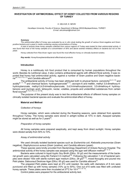 Investigation of Antimicrobial Effect of Honey Collected from Various Regions of Turkey