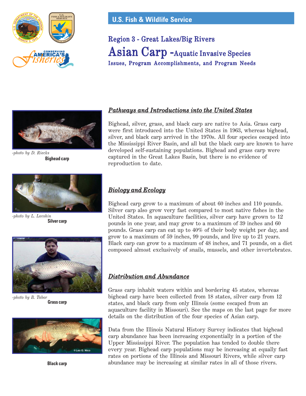 Aquatic Invasive Species Issues, Program Accomplishments, and Program Needs