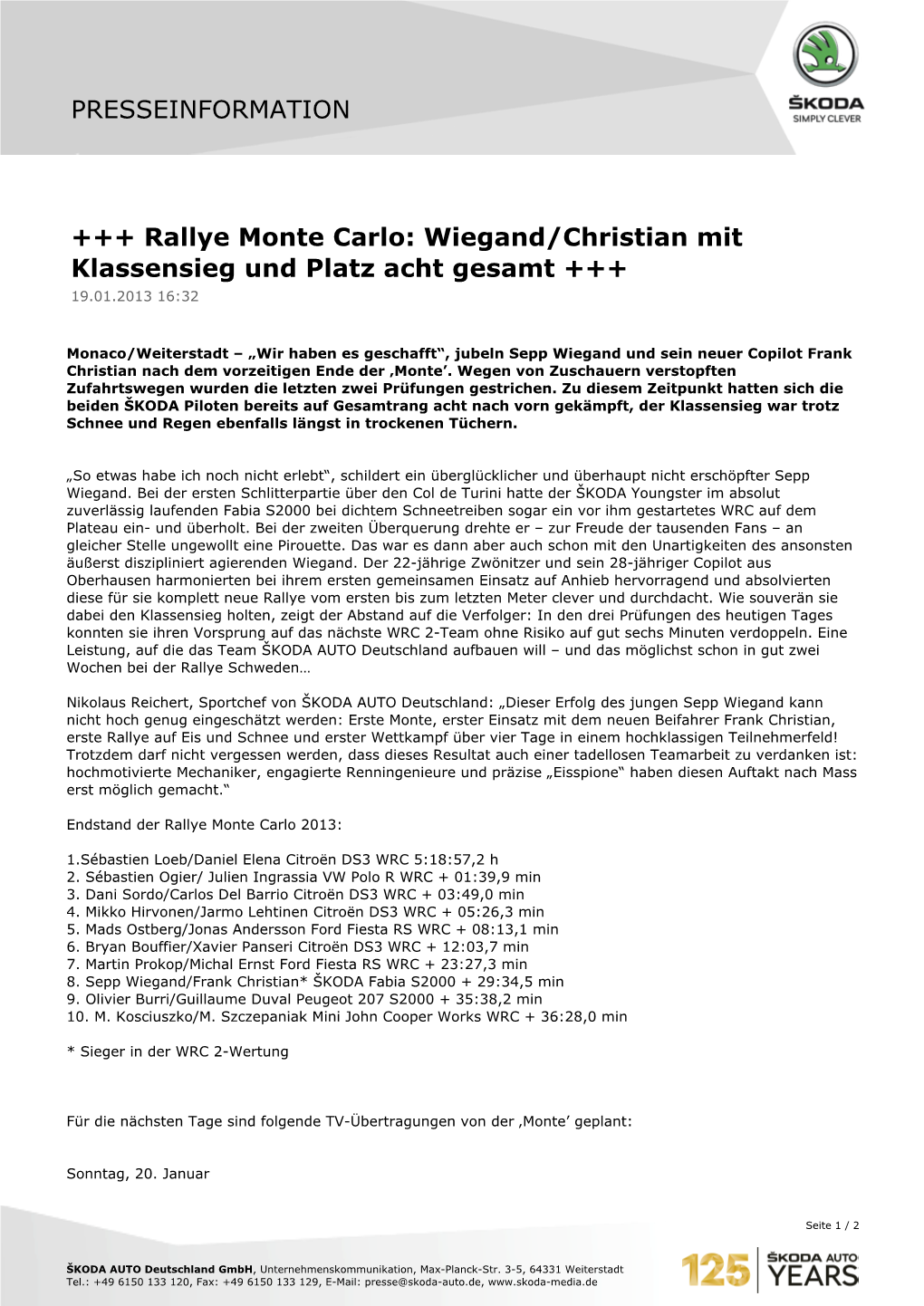 +++ Rallye Monte Carlo: Wiegand/Christian Mit Klassensieg Und Platz Acht Gesamt +++ 19.01.2013 16:32