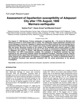 Assessment of Liquefaction Susceptibility of Adapazari City After 17Th August, 1999 Marmara Earthquake