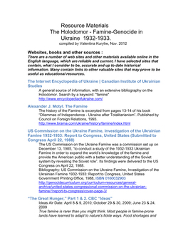 Resource Materials the Holodomor - Famine-Genocide in Ukraine 1932-1933