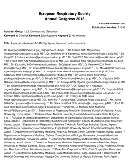 European Respiratory Society Annual Congress 2013 Abstract Number: 693 Publication Number: P1393 Abstract Group: 12.3