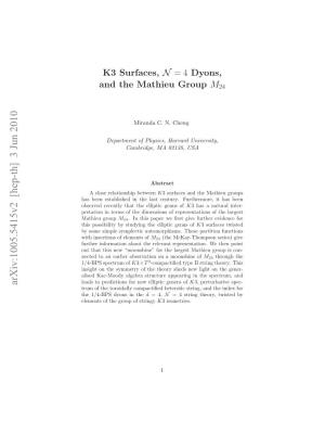 K3 Surfaces, N= 4 Dyons, and the Mathieu Group