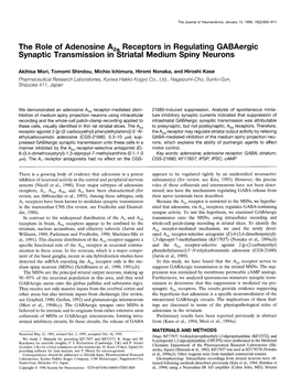 The Role of Adenosine Aza Receptors in Regulating Gabaergic Synaptic Transmission in Striatal Medium Spiny Neurons