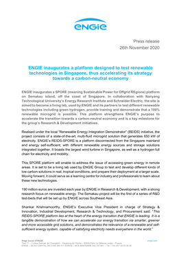 ENGIE Inaugurates a Platform Designed to Test Renewable Technologies in Singapore, Thus Accelerating Its Strategy Towards a Carbon-Neutral Economy