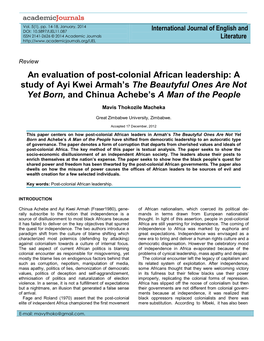 An Evaluation of Post-Colonial African Leadership: a Study of Ayi Kwei Armah’S the Beautyful Ones Are Not Yet Born, and Chinua Achebe’S a Man of the People