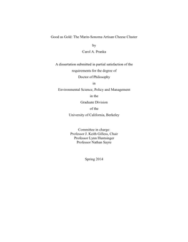 The Marin-Sonoma Artisan Cheese Cluster by Carol A. Pranka a Dissertation Submitted in Partial Satisfaction Of