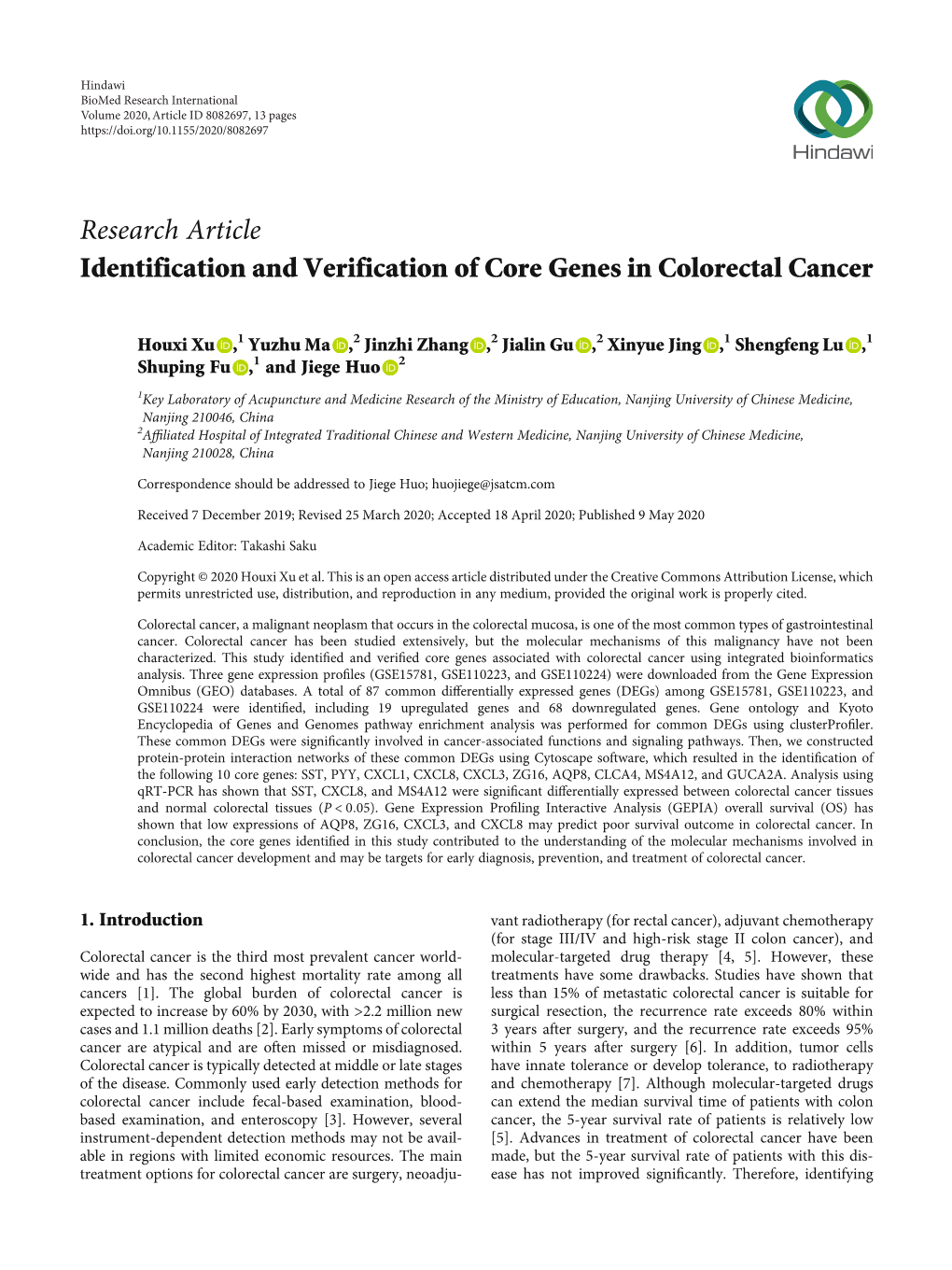 Identification and Verification of Core Genes in Colorectal Cancer