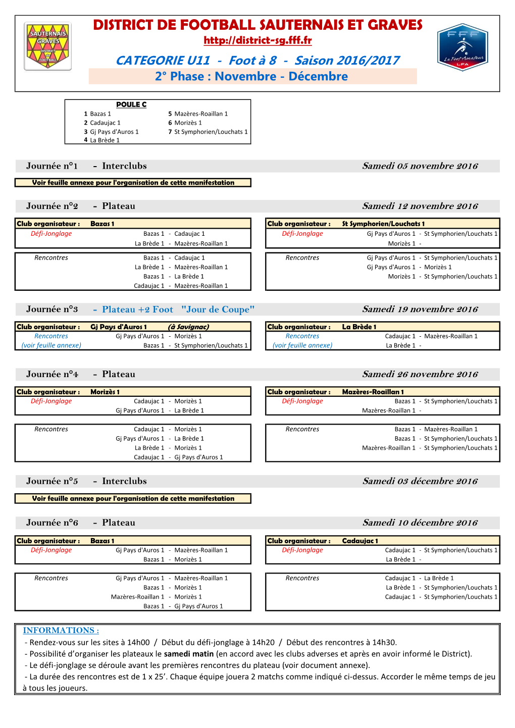 DISTRICT DE FOOTBALL SAUTERNAIS ET GRAVES CATEGORIE U11 - Foot À 8 - Saison 2016/2017 2° Phase : Novembre - Décembre
