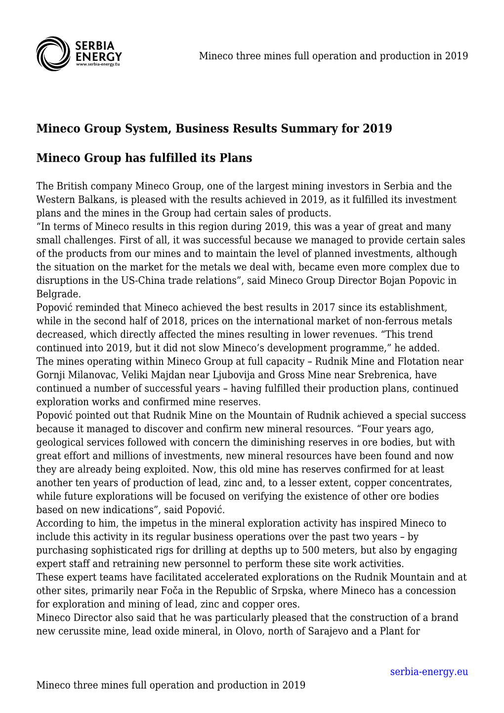 Mineco Three Mines Full Operation and Production in 2019